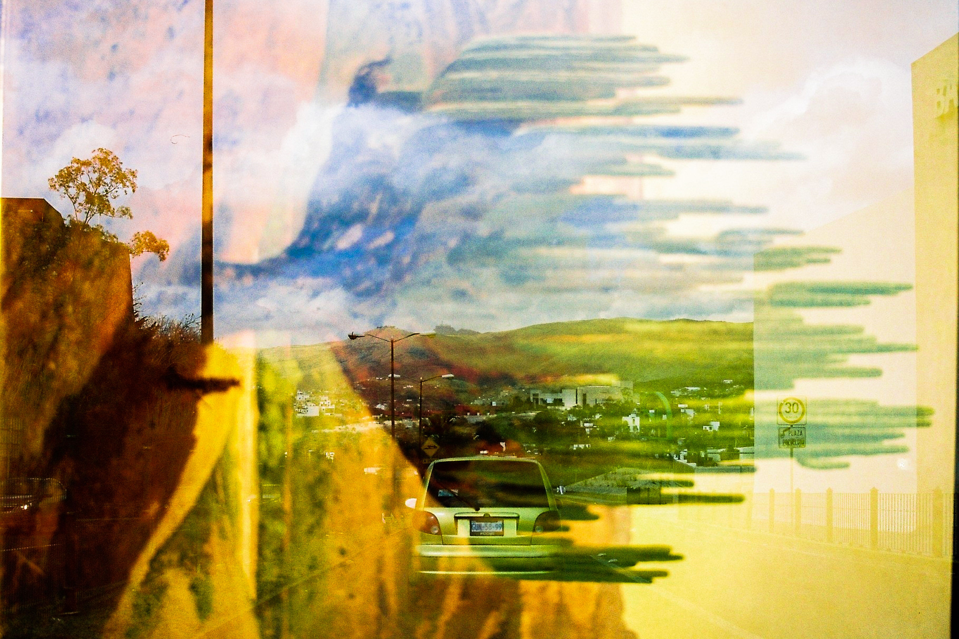 Double exposed image of a rural road and a lsd cactus